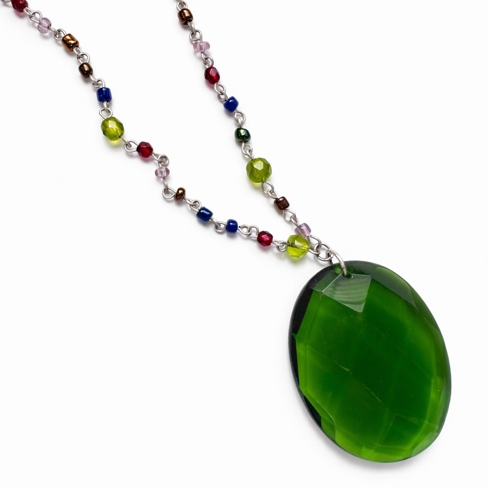 Chico's Beaded Necklace Green Faceted Pendant Fairycore Artisan Inspired‎
